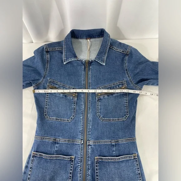 Free People Denim Jumpsuit Medium Zip Front Utility Coverall Blue Long Sleeve - Picture 11 of 16